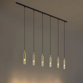 Sistema de calhas de iluminação moderno preto com 6 candeeiros suspensos dourados com vidro âmbar monofásico - Slimline Loyce