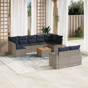 10 pcs conjunto sofás p/ jardim c/ almofadões vime PE cinzento