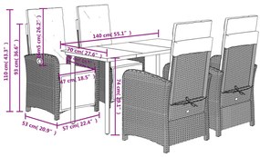 5 pcs conjunto de jantar p/ jardim com almofadões vime PE bege
