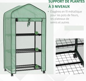 Mini estufa de jardim com 3 prateleiras 69 C x 49 L x 130 A cm, lona de PE de alta densidade, porta enrolável, 4 rodas Verde