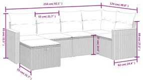 6 pcs conjunto sofás de jardim com almofadões vime cinzento