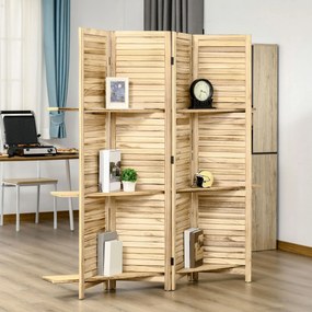 Biombo de interior com 4 painéis, 3 prateleiras dobráveis e portas com persianas em madeira com acabamento em pinho
