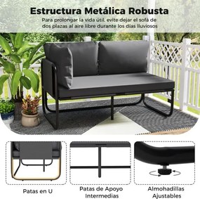 Sofá de jardim exterior 116 x 65 x 59 cm de 2 lugares com almofadas removíveis, apoios de braços laterais e estrutura em metal 116 x 65 x 59 cm cinzen