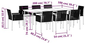 9 pcs conjunto jantar p/ jardim c/ almofadões vime PE/aço preto