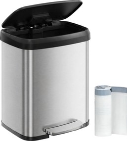 Caixote do lixo de cozinha de 50 litros em metal com tampa, prateado e preto