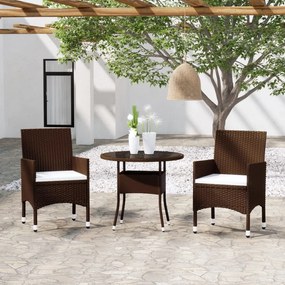 3 pcs conjunto de jantar para jardim vime PE castanho