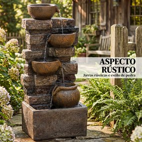 Fonte de Jardim com Iluminação LED e Bomba, Fonte Decorativa em Cascata de 5 Níveis, Fluxo Ajustável, Castanho Rústico