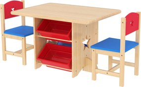 Mesa infantil com 2 cadeiras – conjunto de 3 peças em madeira com 4 caixas de arrumação em madeira natural
