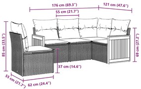 5 pcs conjunto sofás de jardim com almofadões vime PE preto
