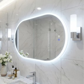 Espelho 90x55 cm ovalado iluminado de parede para casa de banho sem moldura LED vidro temperado HD antiembaciamento 3 modos cor ajustável Prata