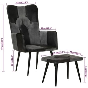 Cadeira com braços e apoio de pés couro genuíno e lona preto