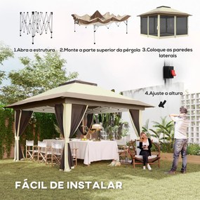 Pérgola Dobrável 356x356x280 cm com 4 Paredes Laterais de Malha Anti-UV Altura Ajustável e Bolsa de Transporte Bege e Castanha