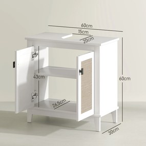 HMóvel para Lavatório (NÃO INCLUIDO) Pousar com 2 Portas de Vime PE 2 Prateleiras e Sistema Anti-Tombo para Casa de Banho 60x30x30 cm Branco