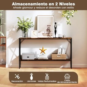 Mesa consola estreita de 2 níveis com estante aberta Mesa de entrada com estrutura metálica Castanho