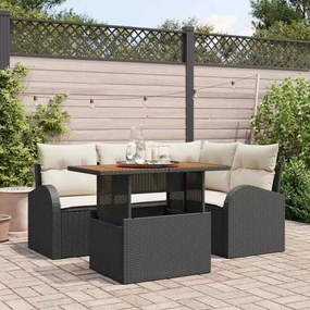 vidaXL Conjunto de Jantar de 5 Peças para Jardim com Almofadas Preto Rattan Poliéster Acácia