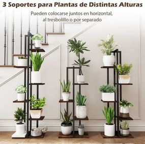 Conjunto de 3 Estantes altas de madeira e metal com 4+5+6 níveis para plantas e vasos Preto e Castanho