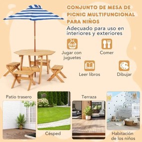 Conjunto de mesa de madeira para crianças com 4 cadeiras Guarda-sol dobrável de altura ajustável para pátio exterior Pátio jardim Natural