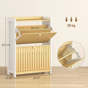 Sapateira Estreita com 2 Portas de Bambu Prateleiras Ajustáveis para 12 Pares de Sapatos  60x24x82,5 cm Branco e Madeira