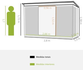 Abrigo de Jardim 280x130x172cm Abrigo de Exterior de Aço Galvanizado com Porta Corredeira e Ventilações para Armazenamento de Ferramentas Verde Claro