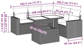 6 pcs conjunto de sofás jardim c/ almofadões vime PE castanho