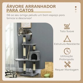 Arranhador para Gatos com 4 Níveis com Poste para Afiar as Garras Caverna Plataformas e Brinquedos 40x40x116 cm Cinzento Escuro