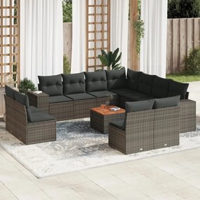 12 pcs conjunto de sofás jardim c/ almofadões vime PE cinzento