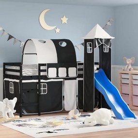 vidaXL Cama alta criança c/ torre 80x200 cm pinho maciço branco/preto