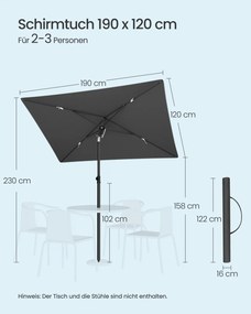 Guarda-sol jardim retangular de 190 x 120 cm com elevada proteção UV para varanda, cinzento