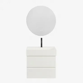 Conjunto De Móvel De Casa De Banho Em Madeira E Chapa De Freixo Com Lavatório Integrado Ona Branco & Redondo Led E Anti-embaciamento Ø70 - Sklum