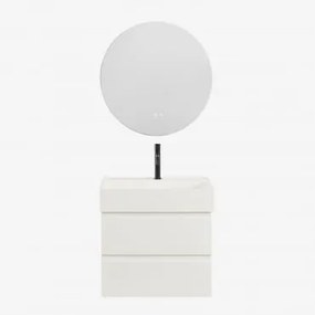 Conjunto De Móvel De Casa De Banho Suspenso Em Madeira E Folha De Freixo Com Lavatório Integrado Ona Branco & Redondo Led E - Sklum