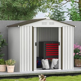 Abrigo de Jardim 213x130x185cm Abrigo de Jardim Metálico de Exterior com 2 Portas Deslizantes e 4 Janelas Branco e Cinza