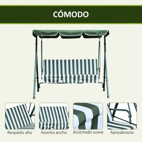 Outsunny Baloiço de Jardim de 3 Lugares com Almofada Toldo Ajustável e Estrutura de Metal para Balcão Terraço Patio Carga Máx. 200kg 172x110x153cm Verde e Branco