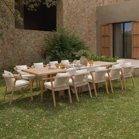 Conjunto De Mesa Retangular Extensível 200-260-320x100 Cm E 12 Cadeiras De Jardim Com Apoios De Braços Em Madeira De Acácia Duba Tecido Gardénia Branc