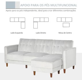 Sofá Cama com Chaise Longue de 3 Lugares Tato Aveludado com Encosto Ajustável e Apoio para os Pés Móvel 218x85x86cm Cinza Claro