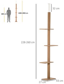 Arranhador para Gatos de Chão ao Teto com Altura Ajustável 4 Plataformas e Poste de Sisal 43x27x228-260 cm Castanho Claro