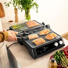 Grelhador elétrico de 2400 W Rockn'Grill Bistro com sistema Smokeless que ajusta o tempo e temperatura em função de modo e o ponto de cozedura selecio