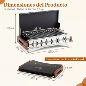 Grelhador a Carvão de Mesa Dobrável Portátil, 51 x 33,5 x 33,5 cm, Dois Níveis de Altura Reguláveis, Preto
