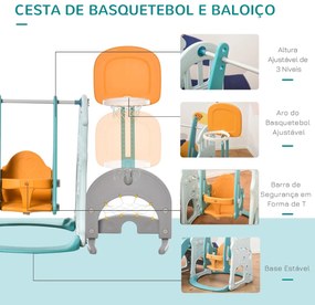 5 em 1 Escorrega e Baloiço para Crianças acima de 18 meses com 2 Cestas de Basquetebol Porteria de Futbol com Assento Ajustável Parque Infantil Interi