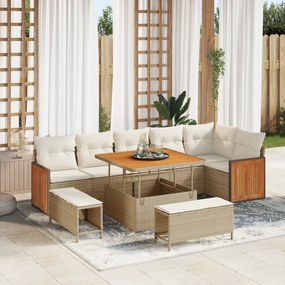 Conjunto de Sofá de Jardim vidaXL 9 Peças com Almofadas Bege, Rattan Poli e Acácia
