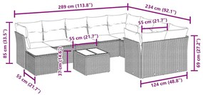 11 pcs conjunto sofás de jardim c/ almofadões vime PE preto