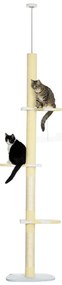 PawHut Árvore para Gatos do Chão ao Teto com Altura Ajustável 3 Plataformas Poste de Sisal e Bola para Brincar 47x34x220-260cm Creme