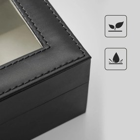 Caixa para relógios 30 x 11,2 x 8 cm com tampa de vidro revestimento em preto, forro em veludo bege