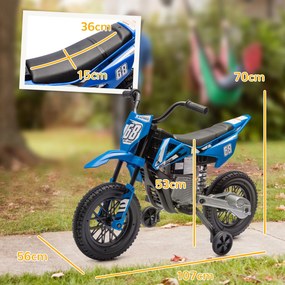 Moto elétrica para crianças, moto de motocross para crianças dos 3 aos 6 anos, 2 motores, 12 V, velocidade máxima de 5 km/h, 107 x 56 x 70 cm, azul