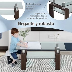 Mesa de centro retangular 99,5 x 59,5 x 44,5 cm com tampo de vidro, pernas metálicas e prateleira Castanho