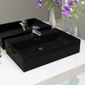 vidaXL Lavatório c/ abertura torneira cerâmica preto 60,5x42,5x14,5cm