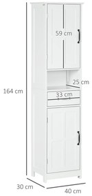 Coluna de Casa de Banho com 2 Portas 1 Gaveta Prateleira Aberta e Prateleiras Ajustáveis 40x30x164 cm Branco