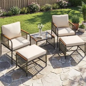 Conjunto de jardim 5 peças Rattan com Almofadas 2 Pufes Mesa de Vidro temperado Bege