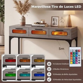 Mesa consola com luzes LED e estação de carregamento, 90 x 40 x 75 cm, com portas USB e gavetas, estreita, para sala, hall de entrada ou corredor, cin