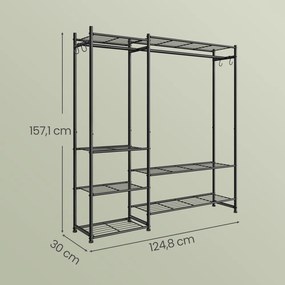 Guarda roupa aberto com estrutura metálica, 30 x 124,8 x 157,1 cm com 7 prateleiras Preto