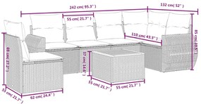 7 pcs conjunto de sofás p/ jardim com almofadões vime PE bege